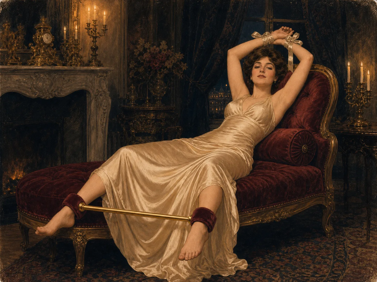 Victorian oil-painting style illustration: an elegant woman in a champagne gown reclines on a crimson chaise, ankles held apart by a gilded spreader bar with velvet cuffs — the Marquis Positions Atlas.