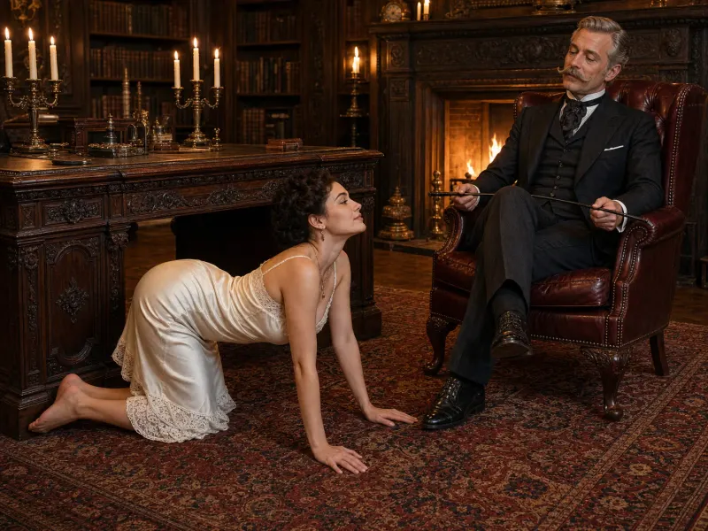 The all-fours impact position with the Marquis seated beside her, riding crop resting across his knee, in the study.