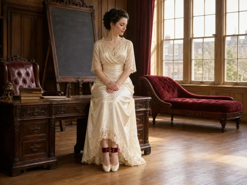 The Lower Pair — a bed-supported ankle-cuff position, Victorian schoolroom setting. Fine-art print of a cuffs position; consenting adults.