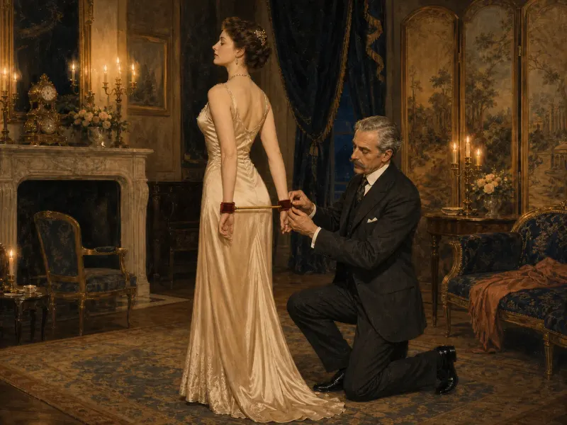 A partner kneels to fasten the velvet wrist cuffs of the short spreader bar behind the standing wearer — the fitting moment of the behind-back wrist spreader position.