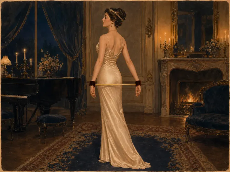 Behind-back wrist spreader bar position — Victorian painting of a woman standing in profile beside a grand piano, wrists held apart behind her back by a short gold spreader bar with red velvet wrist cuffs.