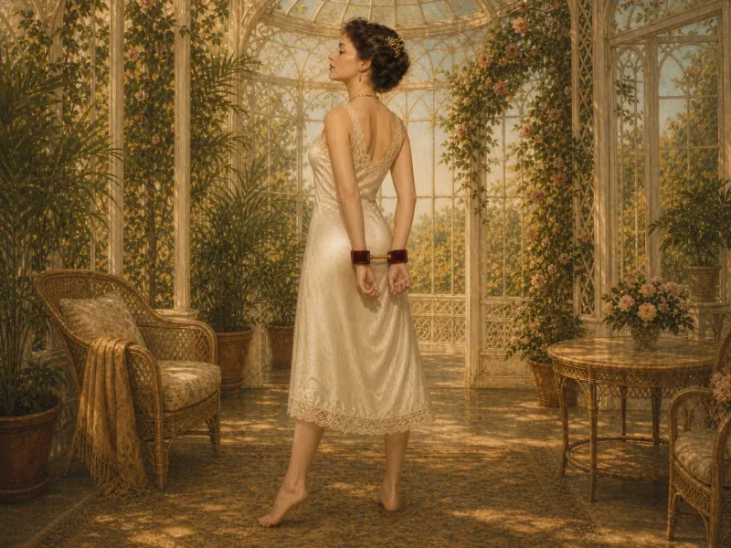 Behind-back wrist spreader bar position, summer-house setting — Victorian painting of a woman standing among climbing roses with wrists held apart behind her back by a short gold spreader bar with velvet cuffs.