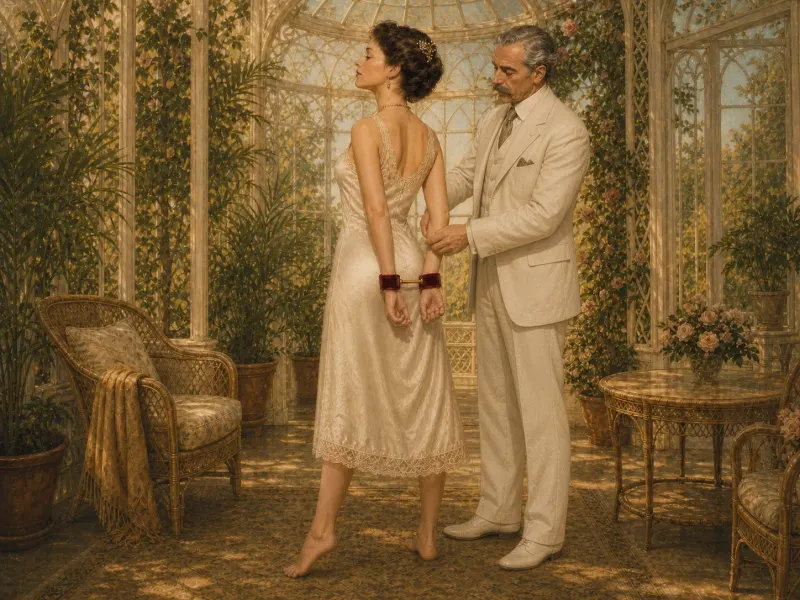 The behind-back wrist spreader position with a partner fastening the velvet wrist cuffs in the summer house.