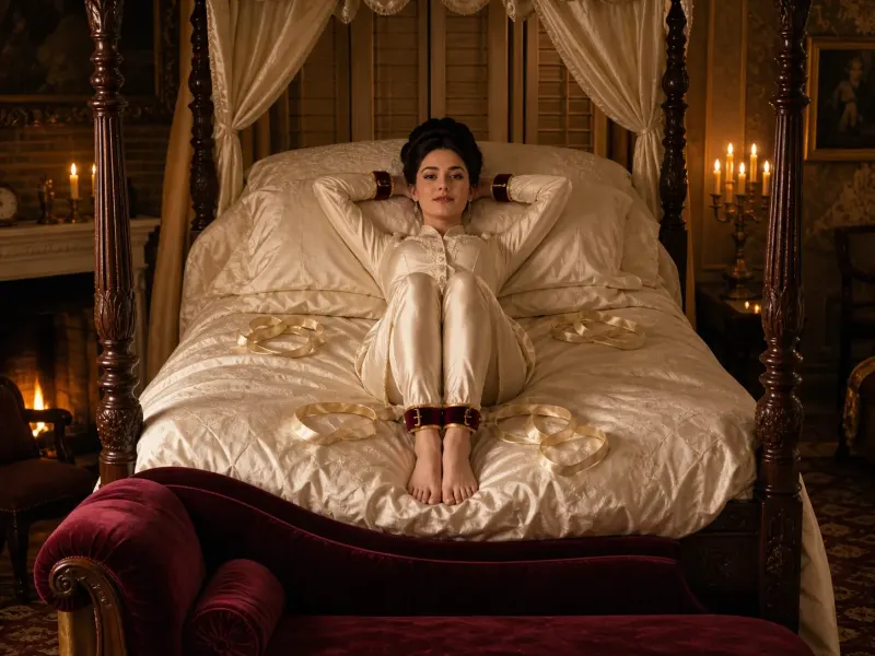 The Narrow Frame — a compact under-bed position, grand master bedroom setting. Fine-art print of a under-bed system position; consenting adults.