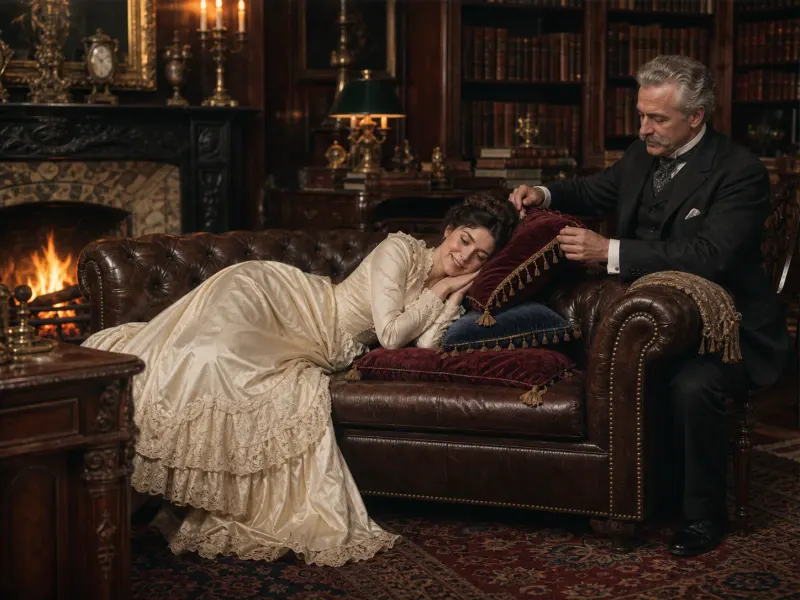 Aftercare after the cushion-elevated prone position — settled, comfortable and cared for on the chesterfield.