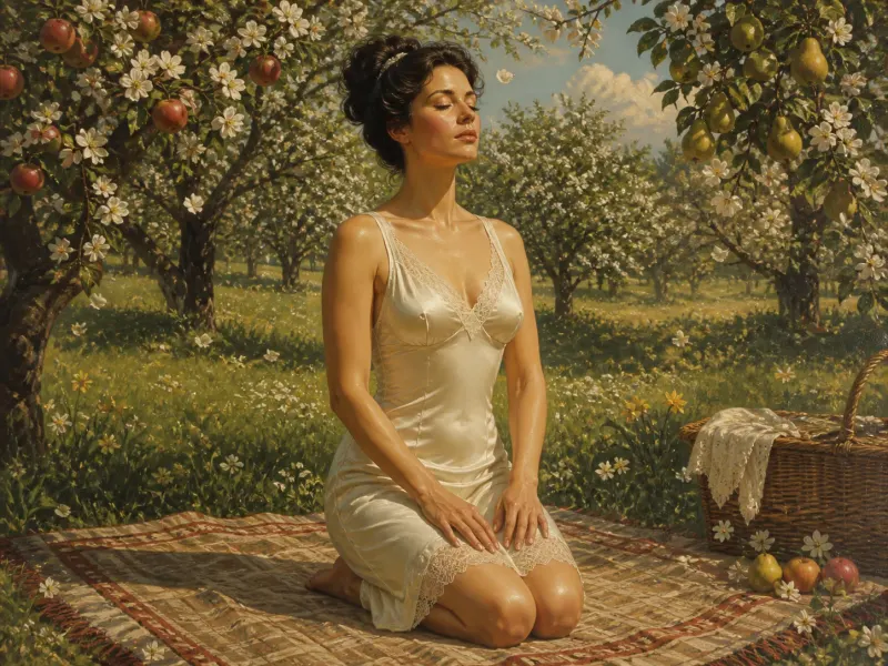 The Centre — a no-equipment kneeling position: a woman in an ivory silk slip kneels upright on a picnic blanket in a blossoming orchard, hands open on her thighs, calm and composed. Fine-art print; consenting adults, no restraints.