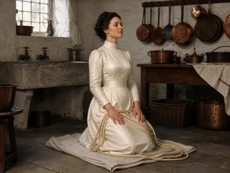 The Quiet Kneel — a kneeling rope position, below-stairs scullery setting. Fine-art print of a rope position; consenting adults.