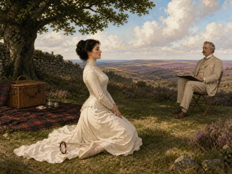 The kneeling spreader bar position with the Marquis attending on the Yorkshire moors.
