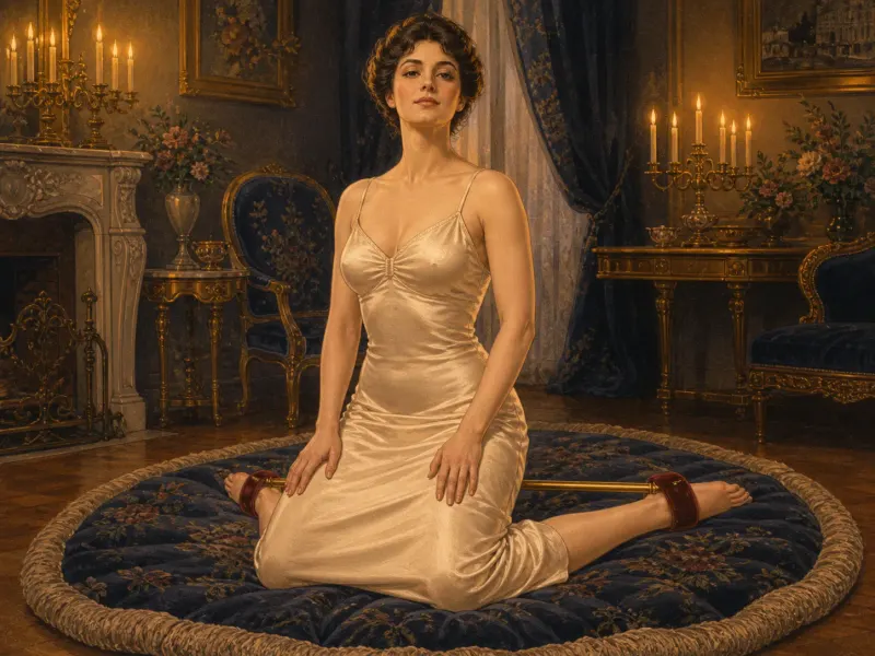 Kneeling spreader bar position — Victorian painting of a woman kneeling upright on a cushioned rug, knees apart, ankles joined behind her by a gold spreader bar with velvet cuffs.