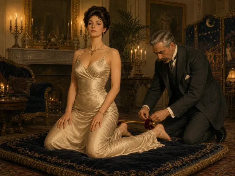 A partner in a three-piece suit kneels to fit the velvet ankle cuff of the spreader bar while the wearer kneels composed on the cushion — the fitting moment of the kneeling spreader bar position.
