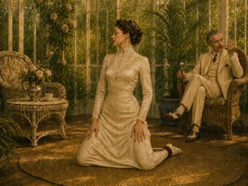 The kneeling spreader bar position with the Marquis seated attending, cane in hand, in the sunlit summer house.
