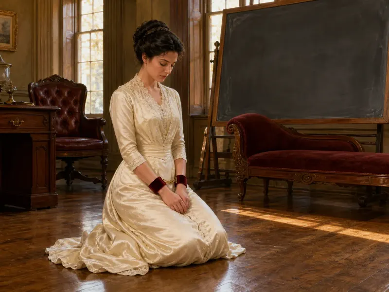 The Audience — a kneeling wrist-cuff position, Victorian schoolroom setting. Fine-art print of a cuffs position; consenting adults.