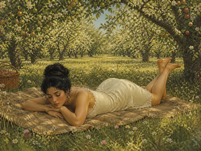The Long Rest — a no-equipment prone position: a woman in an ivory silk slip lies face down on a picnic blanket in the long orchard grass, chin on folded hands, entirely at ease. Fine-art print; consenting adults, no restraints.