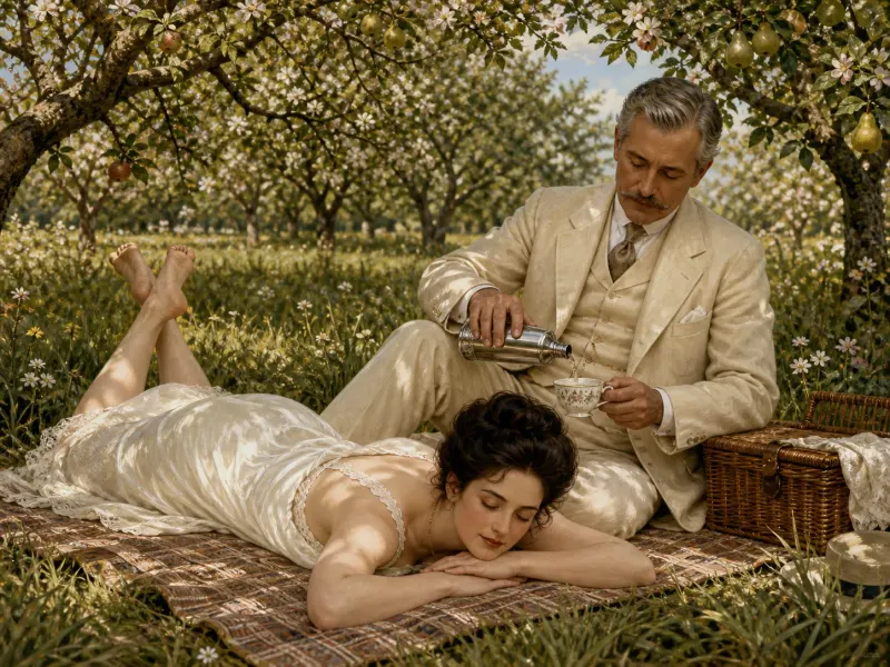 The Long Rest with a partner in the orchard — an unhurried shared afternoon among the trees.