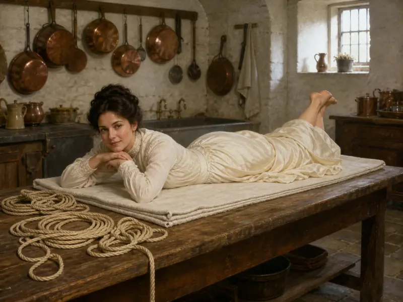 The Prone Line — a prone lower-limb rope position, below-stairs scullery setting. Fine-art print of a rope position; consenting adults.