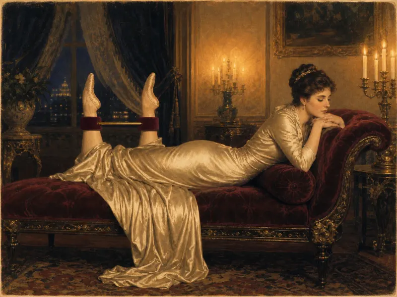 Prone spreader bar position — Victorian painting of a woman lying face down on a chaise longue, chin on folded hands, lower legs raised with ankles held apart by a gold spreader bar with velvet cuffs.