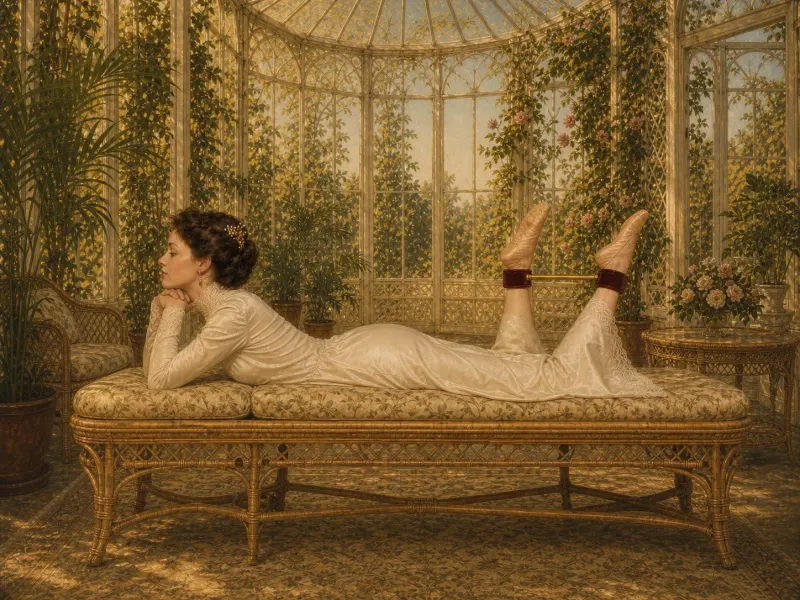 Prone spreader bar position, summer-house setting — Victorian painting of a woman lying face down on a wicker daybed, chin on folded hands, lower legs raised with ankles held apart by a gold spreader bar.