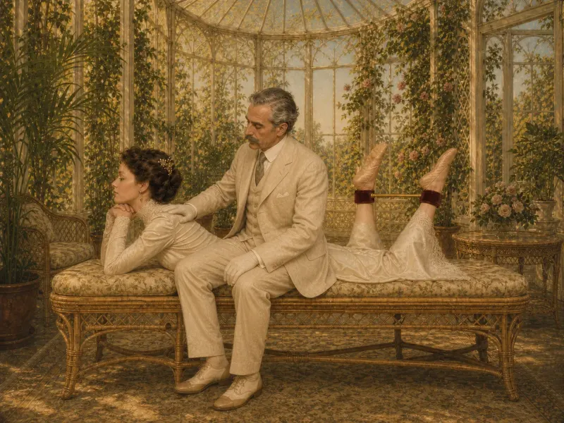 The prone spreader bar position with a partner seated beside the daybed in the summer house, a steadying hand at her back.