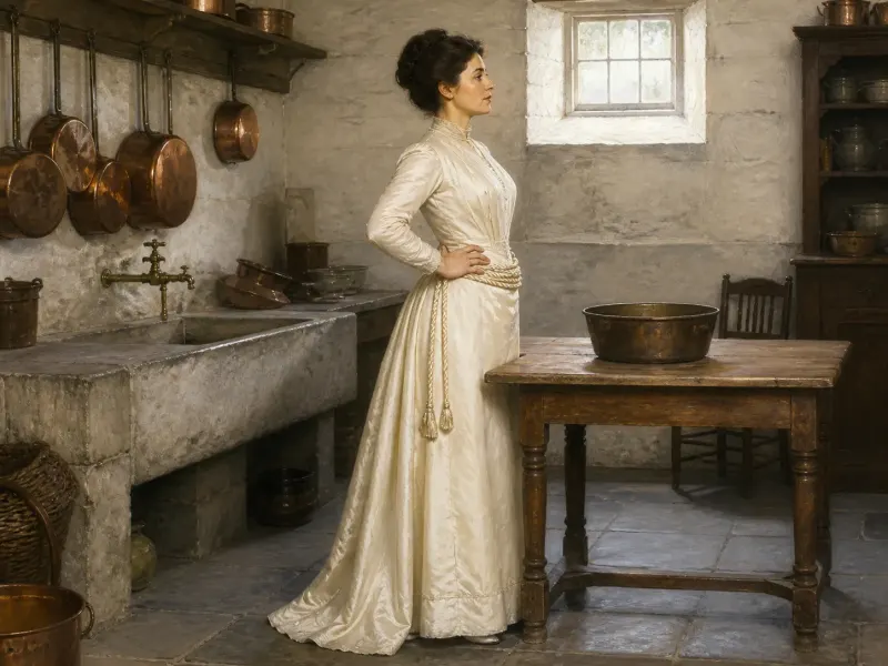 The Waist Column — a waist-height rope position, below-stairs scullery setting. Fine-art print of a rope position; consenting adults.