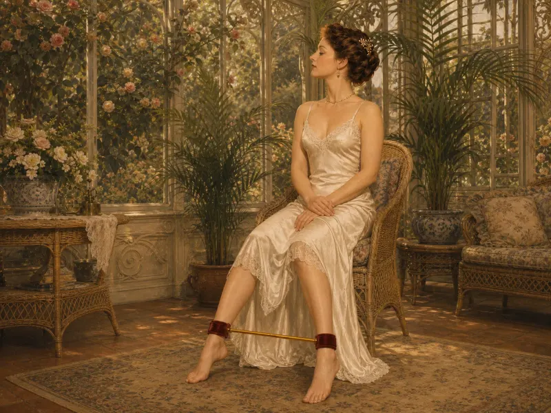 Seated spreader bar position, summer-house setting — Victorian painting of a woman seated in a wicker chair among palms, hands in her lap, ankles held apart ahead of the chair by a gold spreader bar with red velvet cuffs.