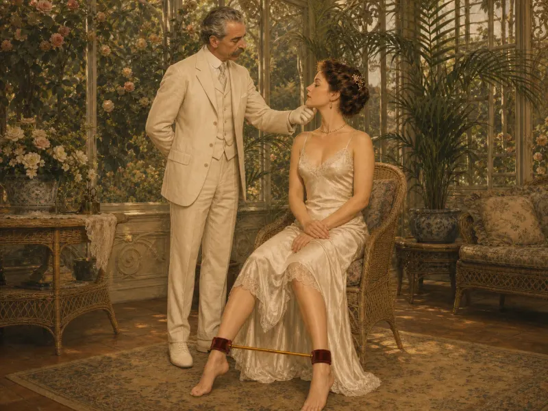 The seated spreader bar position with the Marquis attending in the summer house, lifting her chin to meet his gaze.
