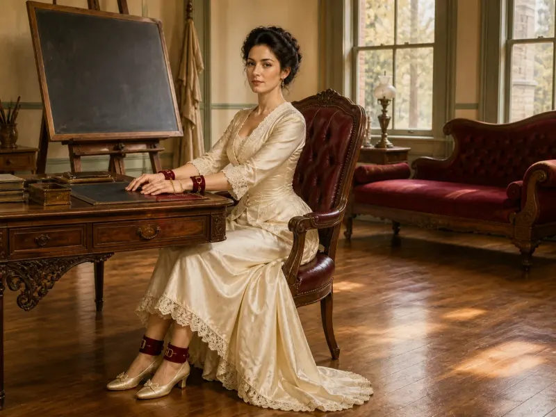 The Seated Appointment — a seated wrist-cuff position, Victorian schoolroom setting. Fine-art print of a cuffs position; consenting adults.