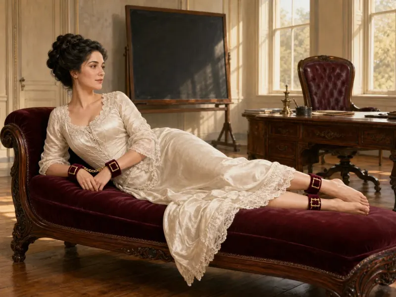 The Side Pair — a side-lying paired-cuff position, Victorian schoolroom setting. Fine-art print of a cuffs position; consenting adults.