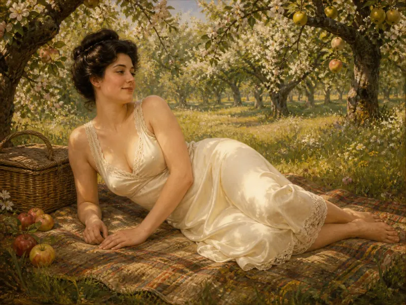 The Pause — a no-equipment side-lying position: a woman in an ivory silk slip lies on her side on a picnic blanket in a sunlit orchard, propped on one forearm, serene. Fine-art print; consenting adults, no restraints.
