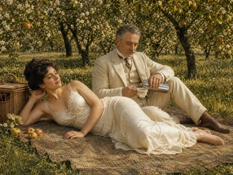 The Pause with a partner in the orchard — a hamper and fallen apples beside them on a shared afternoon.
