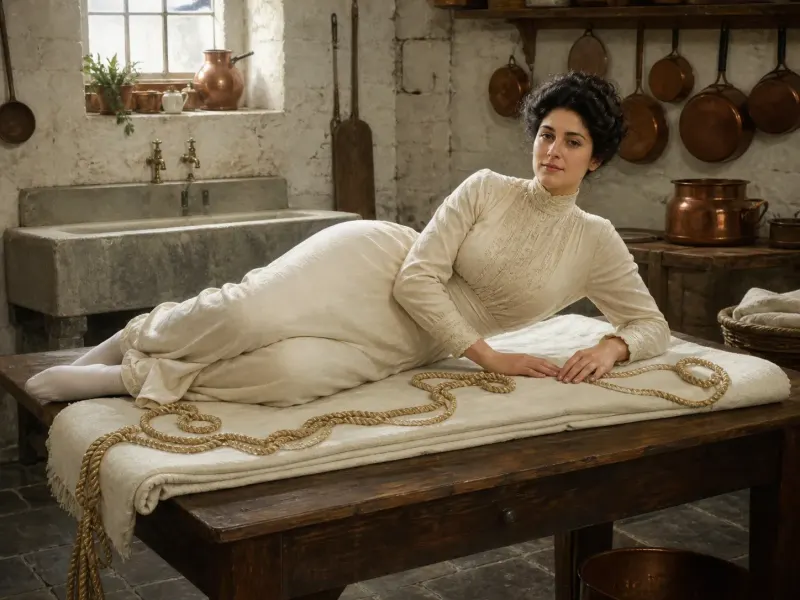 The Side Fold — a side-lying rope position, below-stairs scullery setting. Fine-art print of a rope position; consenting adults.