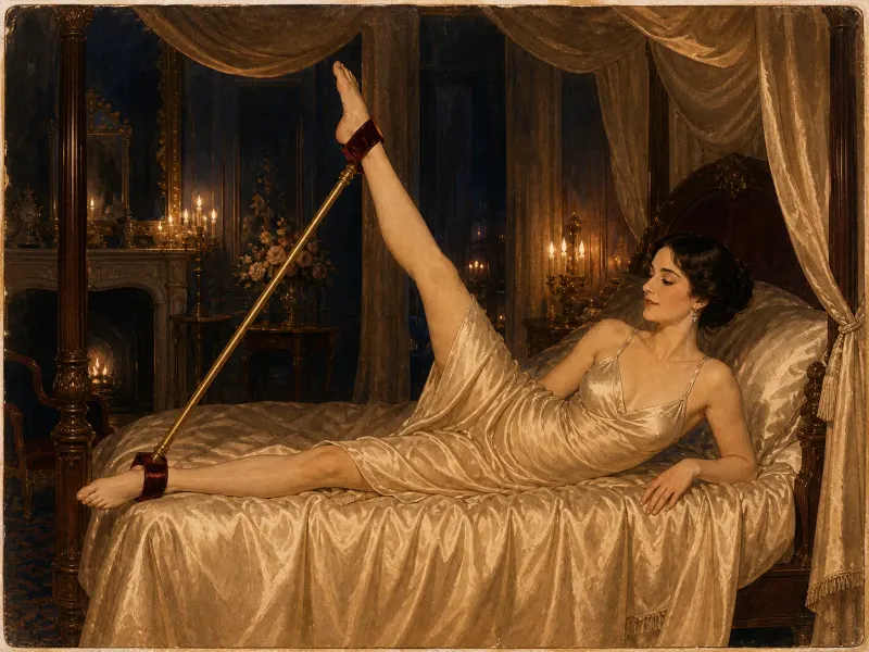 Side-lying spreader bar position — Victorian painting of a woman on a four-poster bed lying on her side, upper leg raised toward the canopy by a gold spreader bar with red velvet ankle cuffs.