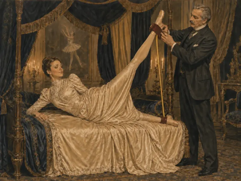 A standing partner steadies the raised ankle cuff of the spreader bar — securing the side-lying spreader bar position on a four-poster bed.