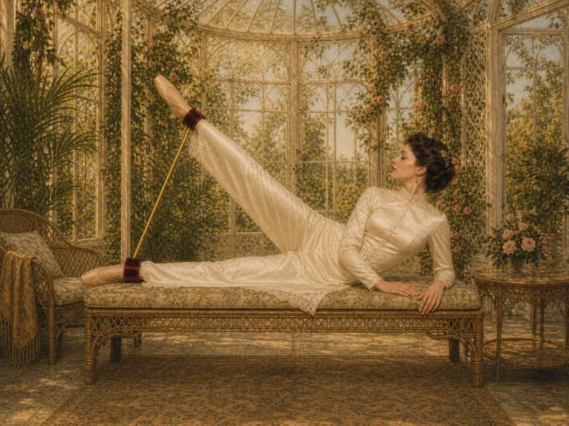 Side-lying spreader bar position, summer-house setting — Victorian painting of a woman on a wicker daybed lying on her side, upper leg raised toward the glass roof by a gold spreader bar with red velvet ankle cuffs.