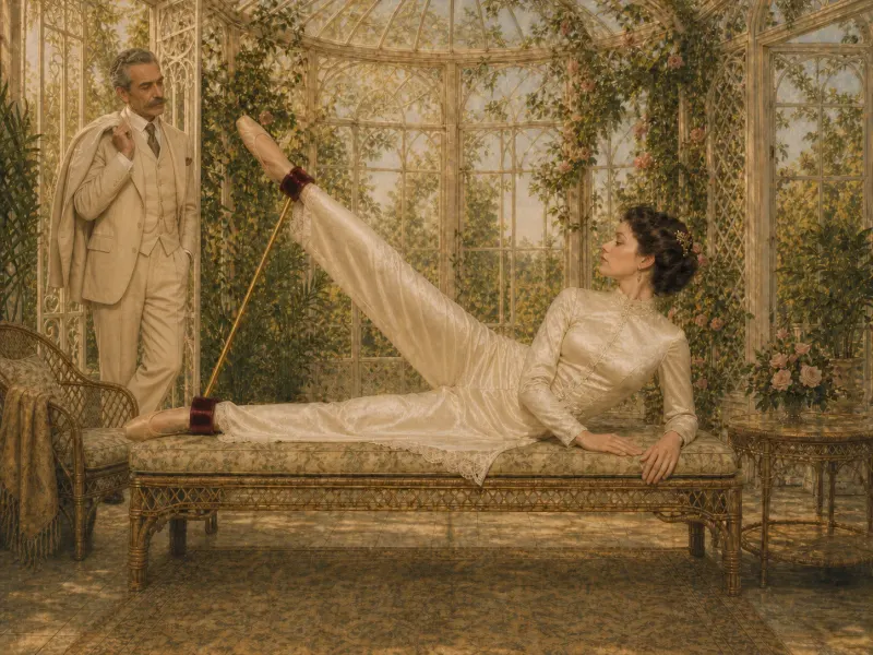 The side-lying spreader bar position with a partner observing in the summer house, jacket over one shoulder.