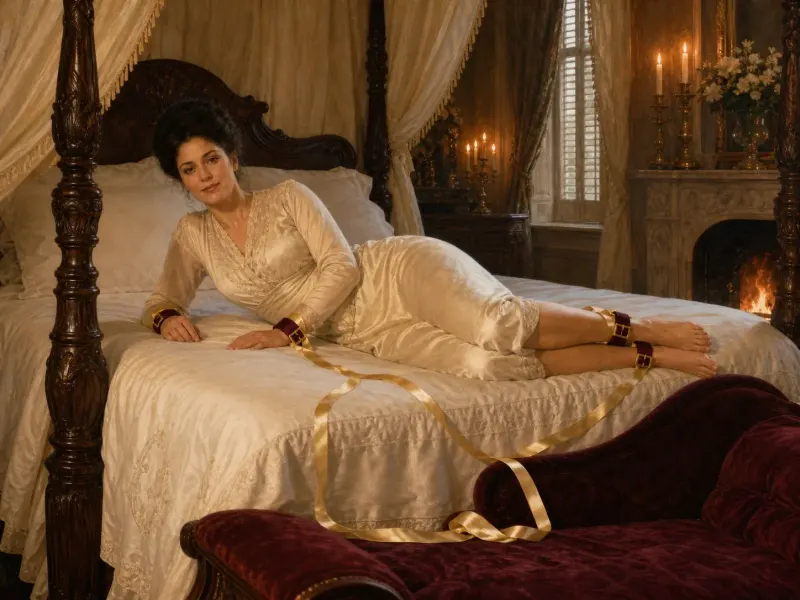 The Side Draw — a side-lying under-bed position, grand master bedroom setting. Fine-art print of a under-bed system position; consenting adults.