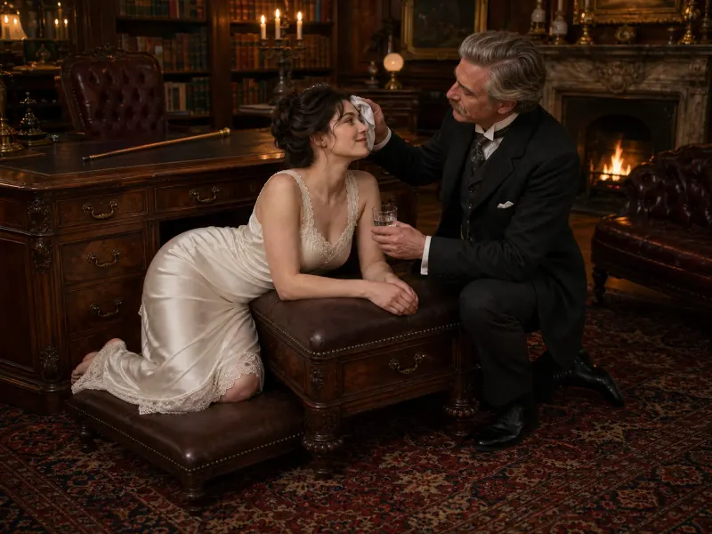 Aftercare after the spanking bench position — the Marquis pressing a cool cloth to her brow and offering water, the attentive close every scene deserves.