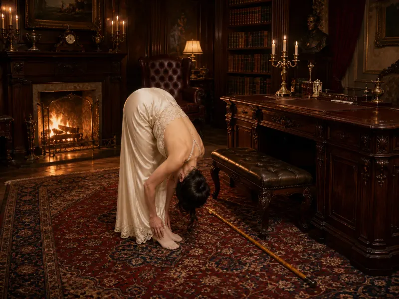 The Deep Bow — standing forward-bend spanking position, Victorian study: a woman in a silk slip bends forward from standing on the Persian rug. Tasteful non-explicit art print; consenting adults.