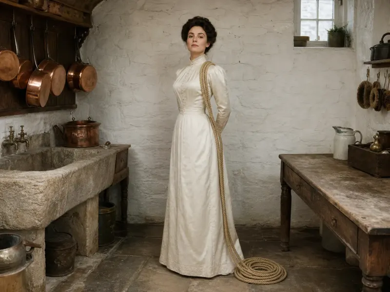 The Standing Column — a standing rope column position, below-stairs scullery setting. Fine-art print of a rope position; consenting adults.