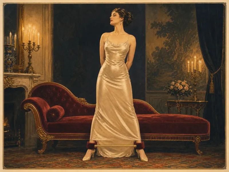 Standing spreader bar position — Victorian painting of a woman standing in a candlelit drawing room, hands clasped behind her back, ankles held apart by a gold spreader bar with red velvet ankle cuffs.