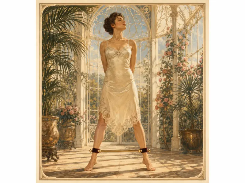Standing spreader bar position, summer-house setting — Victorian painting of a woman standing in a sunlit glass garden room, hands clasped behind her back, ankles held apart by a gold spreader bar with red velvet cuffs.