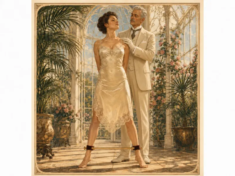 The standing spreader bar position with a partner attending in the summer house — a gentleman in cream linen resting a hand on her shoulder.