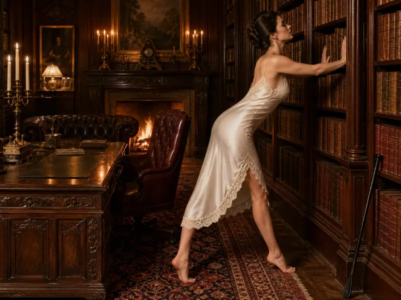 The Blushing Book Club — standing wall spanking position, Victorian study: a woman in a silk slip leans on the bookshelves in a steady braced diagonal. Tasteful non-explicit art print; consenting adults.