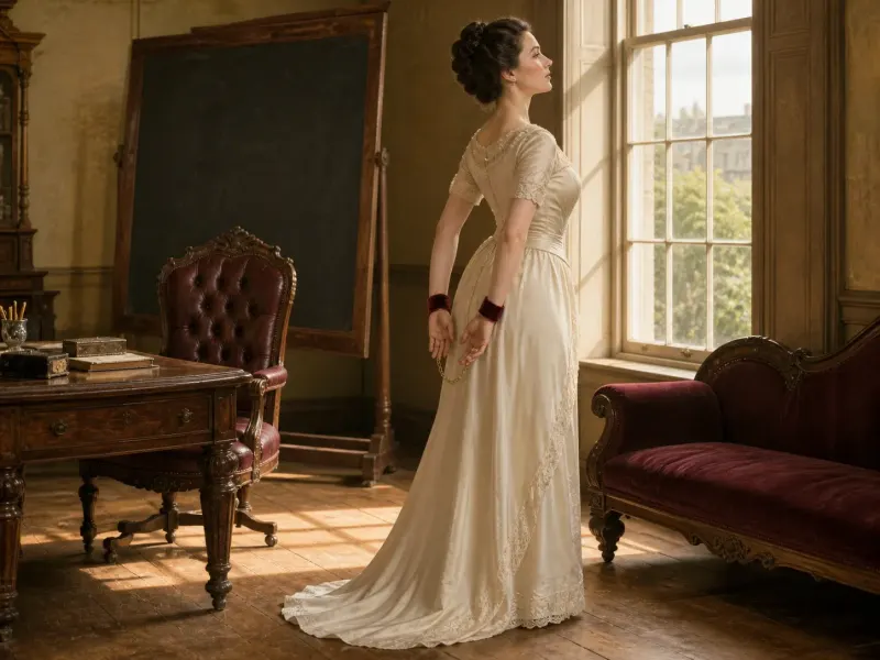 The Formal Standing — a standing behind-body cuff position, Victorian schoolroom setting. Fine-art print of a cuffs position; consenting adults.