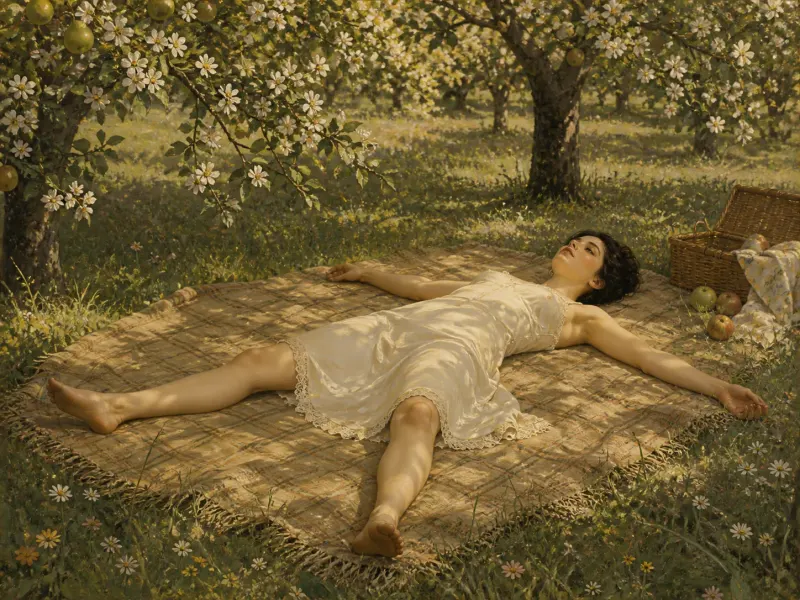 The Open Star — a no-equipment supine position: a woman in an ivory silk slip lies on her back on a picnic blanket, limbs relaxed and open, gazing up through the apple branches. Fine-art print; consenting adults, no restraints.