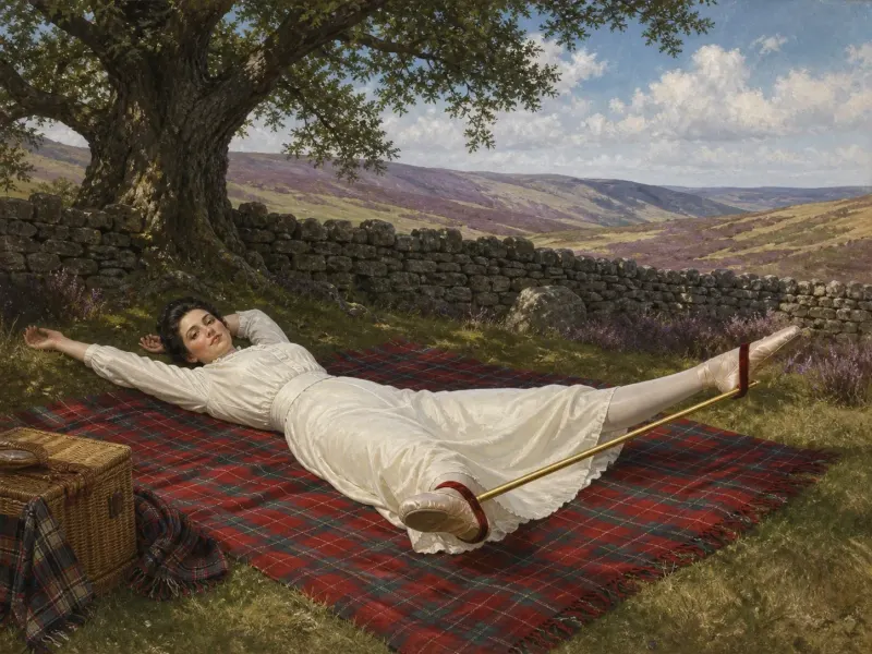 The supine spreader bar position on the Yorkshire moors — heather-purple dales, a drystone wall and bright northern sky.