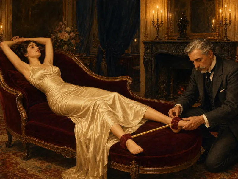 A partner kneels at the foot of the chaise adjusting the velvet ankle cuff — checking fit and circulation in the supine spreader bar position.