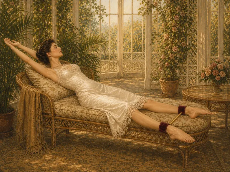 Supine spreader bar position, summer-house setting — Victorian painting of a woman reclining on a wicker daybed with arms stretched overhead, ankles held apart by a gold spreader bar with velvet cuffs.