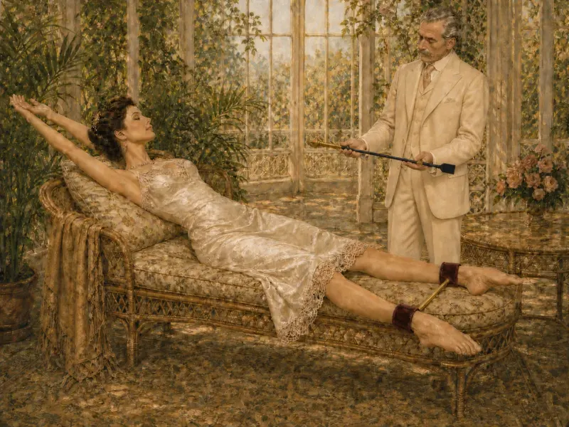 The supine spreader bar position with a partner presenting the bar in the summer house.