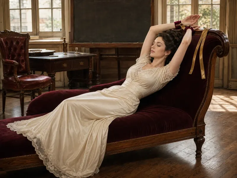 The Soft Cross — a supine wrist-cuff position, Victorian schoolroom setting. Fine-art print of a cuffs position; consenting adults.