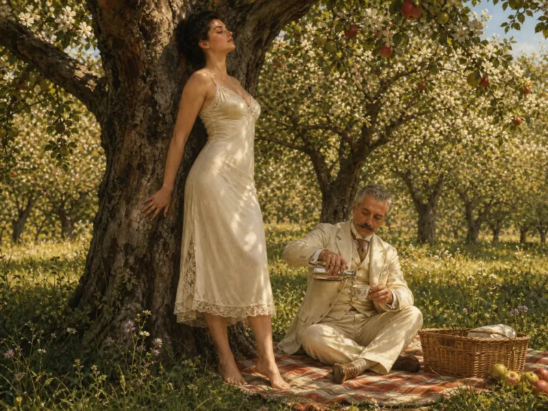 The Wall with a partner in the orchard — a gentleman in cream linen attending nearby on a shared afternoon.